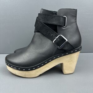 FREE PEOPLE Bungalow Clog Leather Wooden Heel Booties Black Sz Eu 38 US 7.5-8